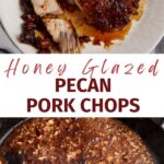 A juicy honey glazed pork chop being cut.