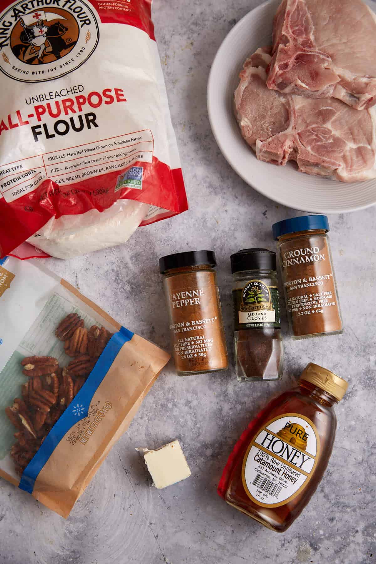The ingredients for honey glazed peccan pork chops.