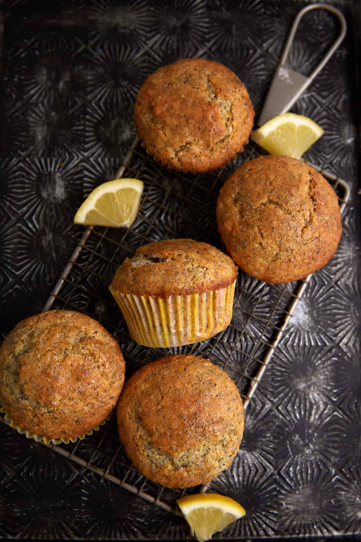 Lemon muffins next to slices of lemon on a cooling rack.