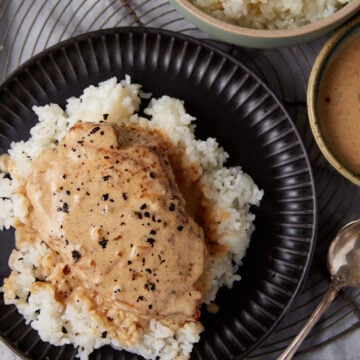 A pork chop over rice covered in gravy.