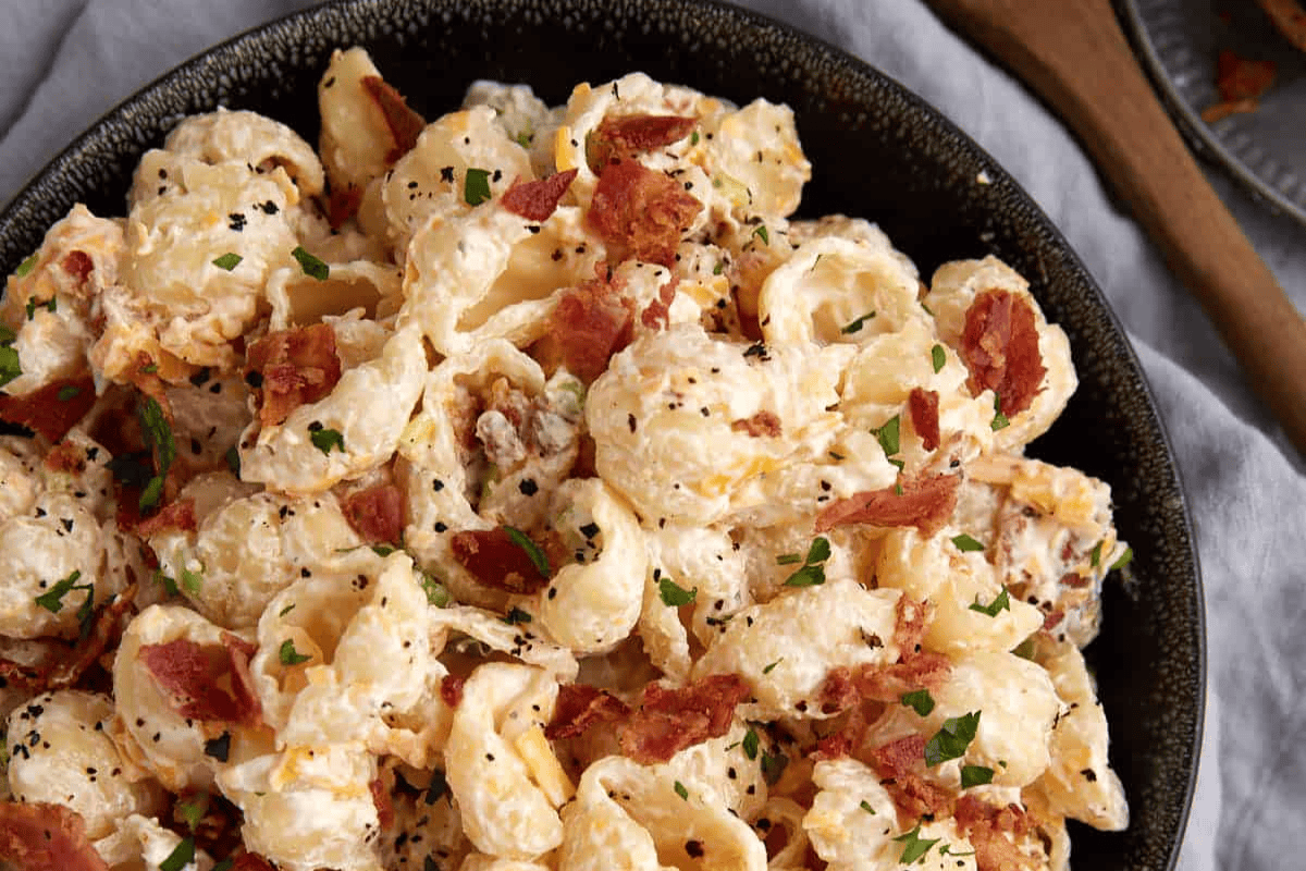 A bowl of bacon ranch pasta salad.