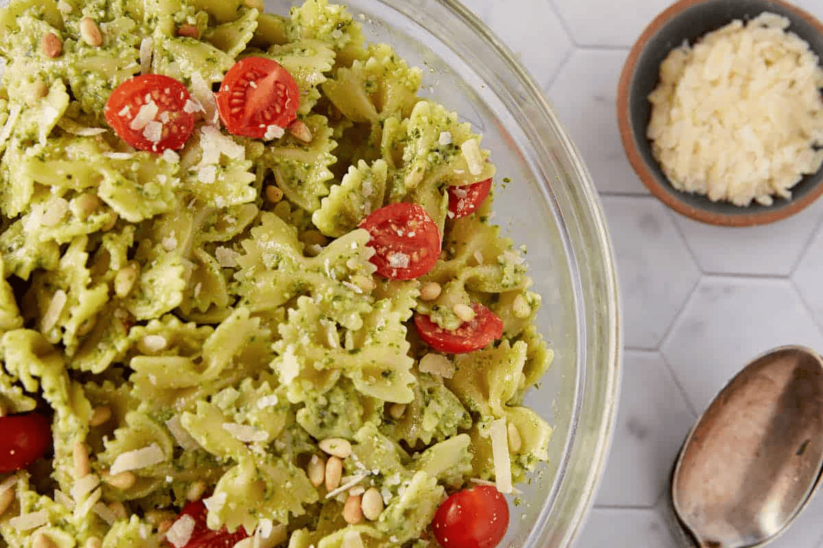 Bow tie pasta with basil.