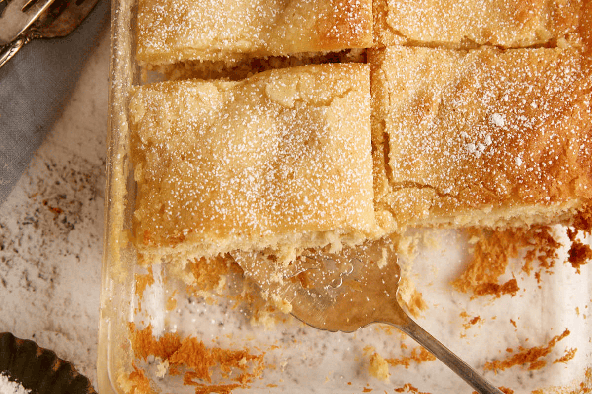 St. Louis butter cake in a baking dish.