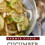 A serving bowl and spoon with cucumber vinegar salad.