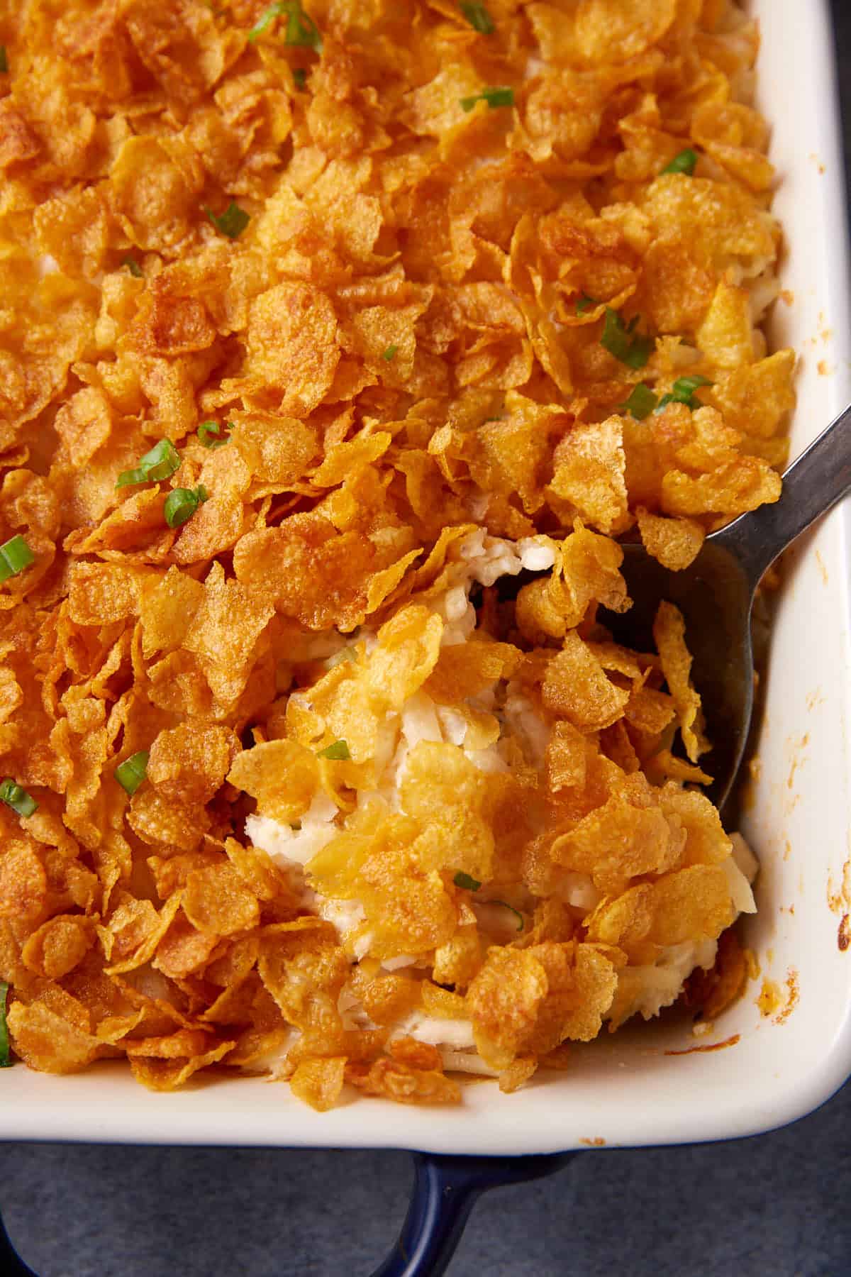A scoop of chicken potato casserole.
