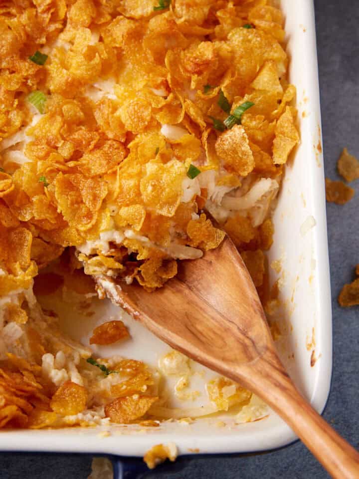 A casserole dish with chicken potato casserole.