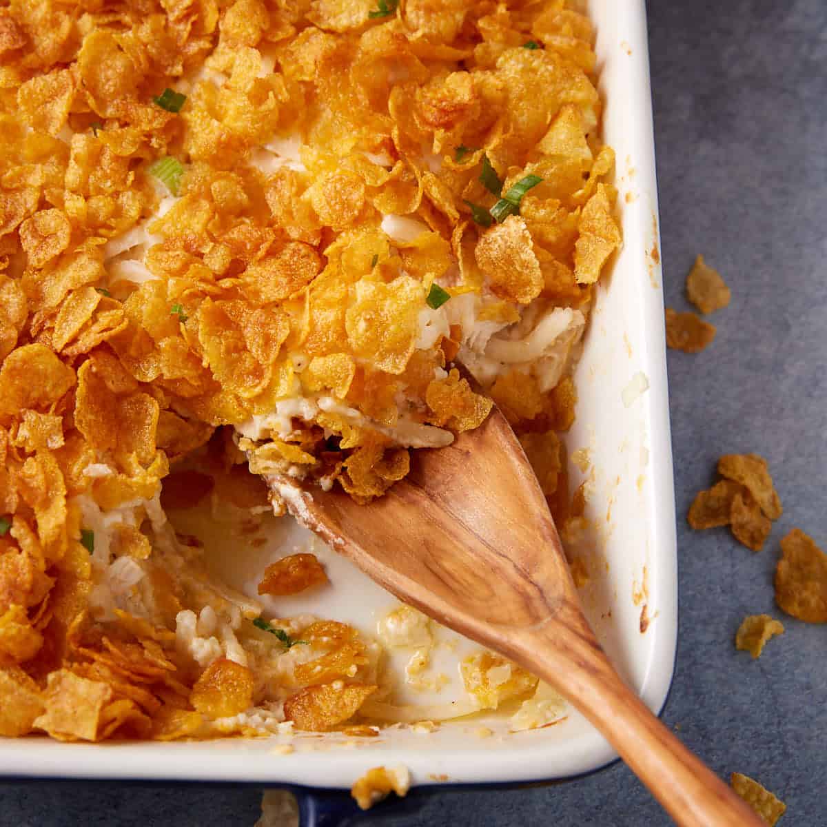 A casserole dish with chicken potato casserole.