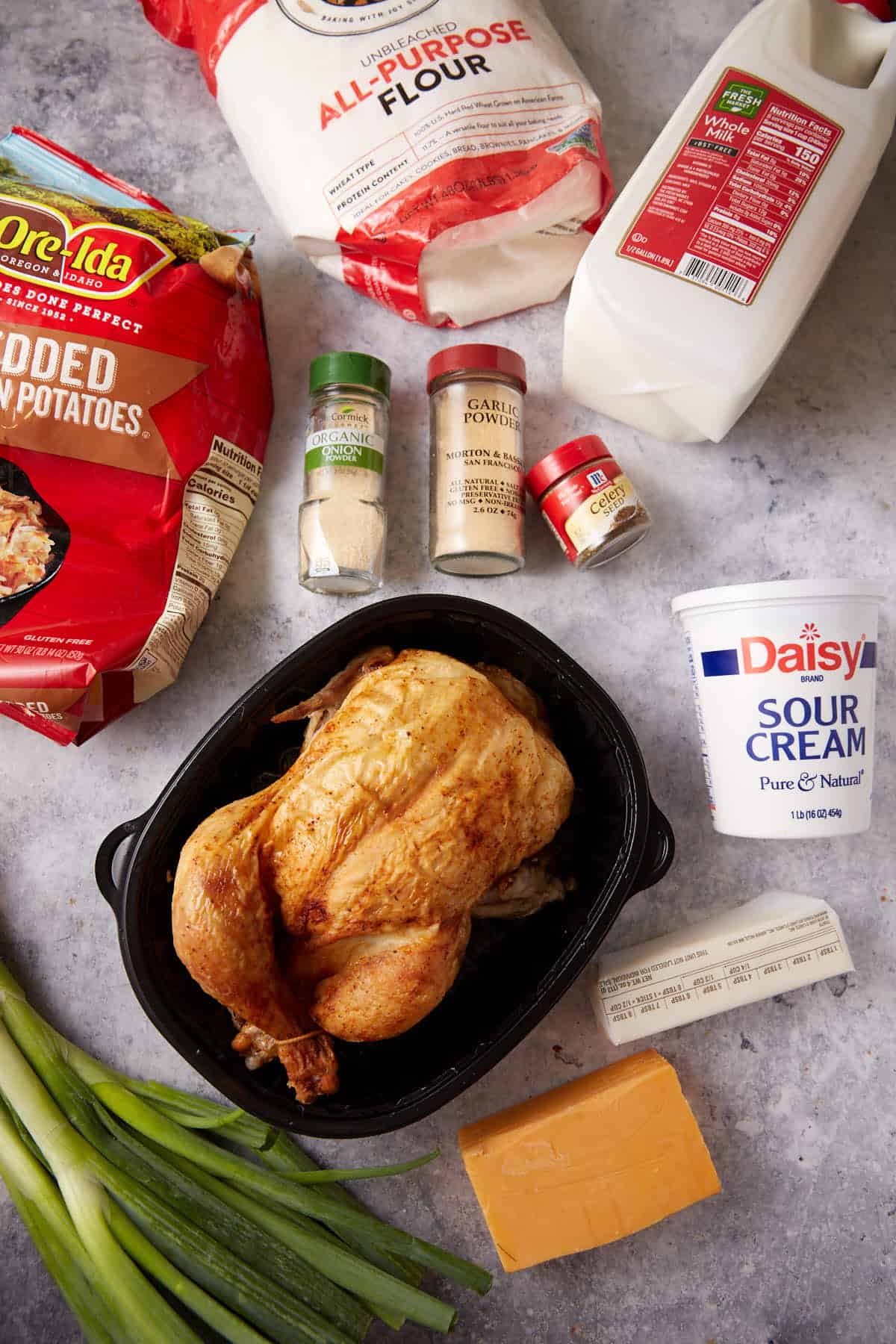 Ingredients for a chicken hashbrown casserole.