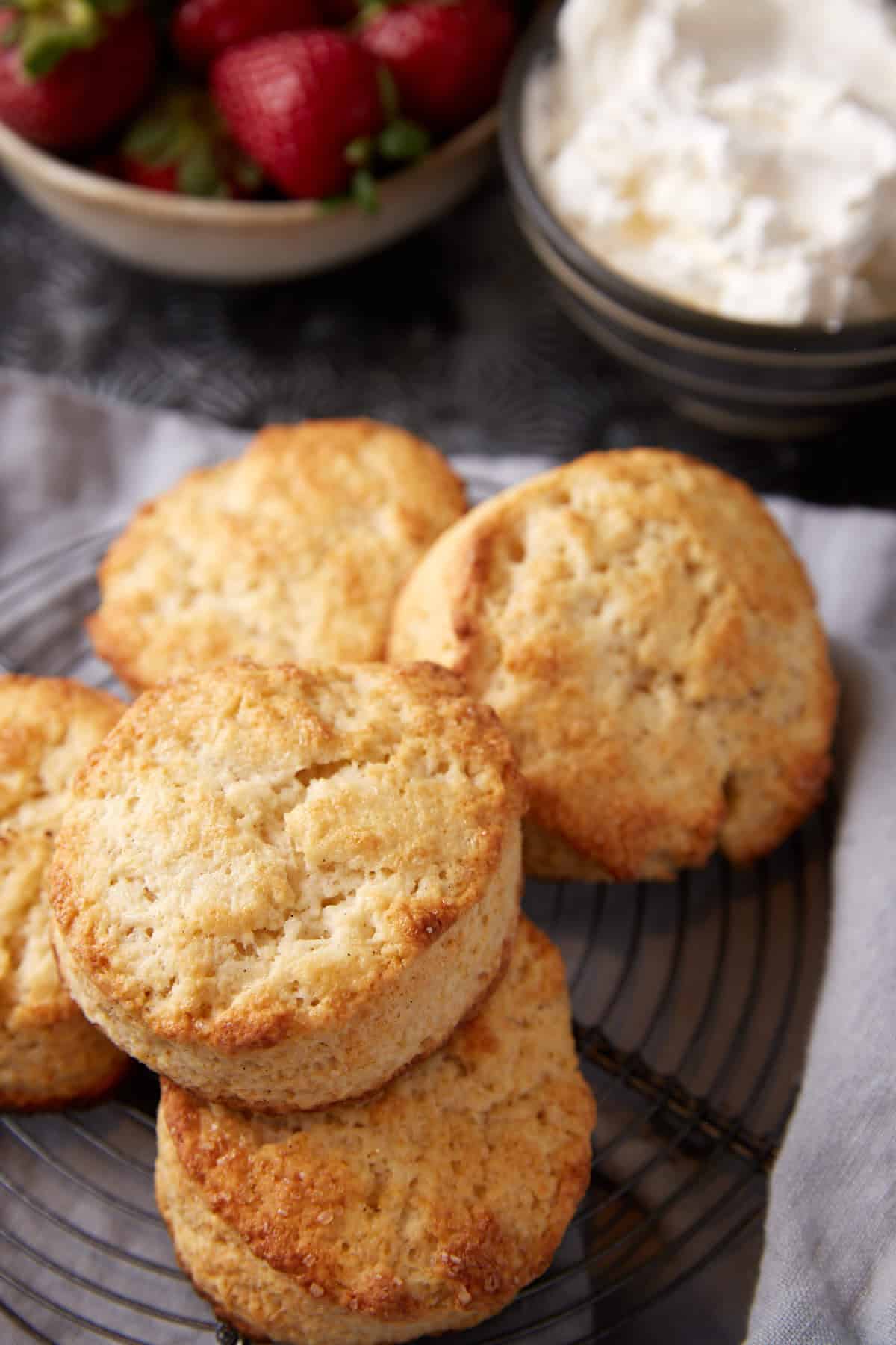 Creme fraiche biscuits stacked on a platter.