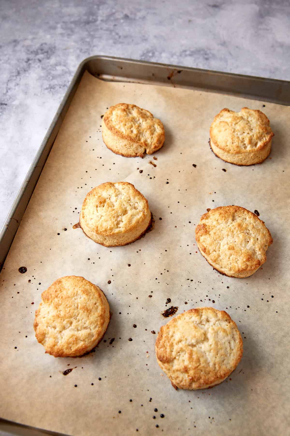 Creme Fraiche biscuits baked on a cookie sheet.