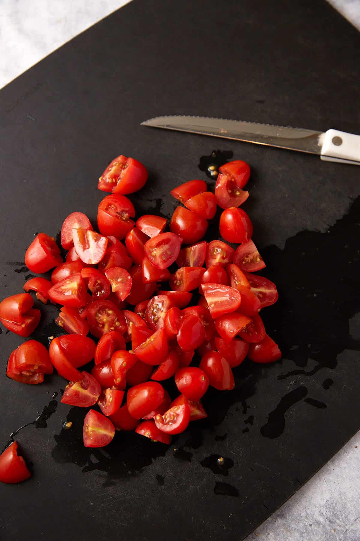 Chopped cherry tomatoes.