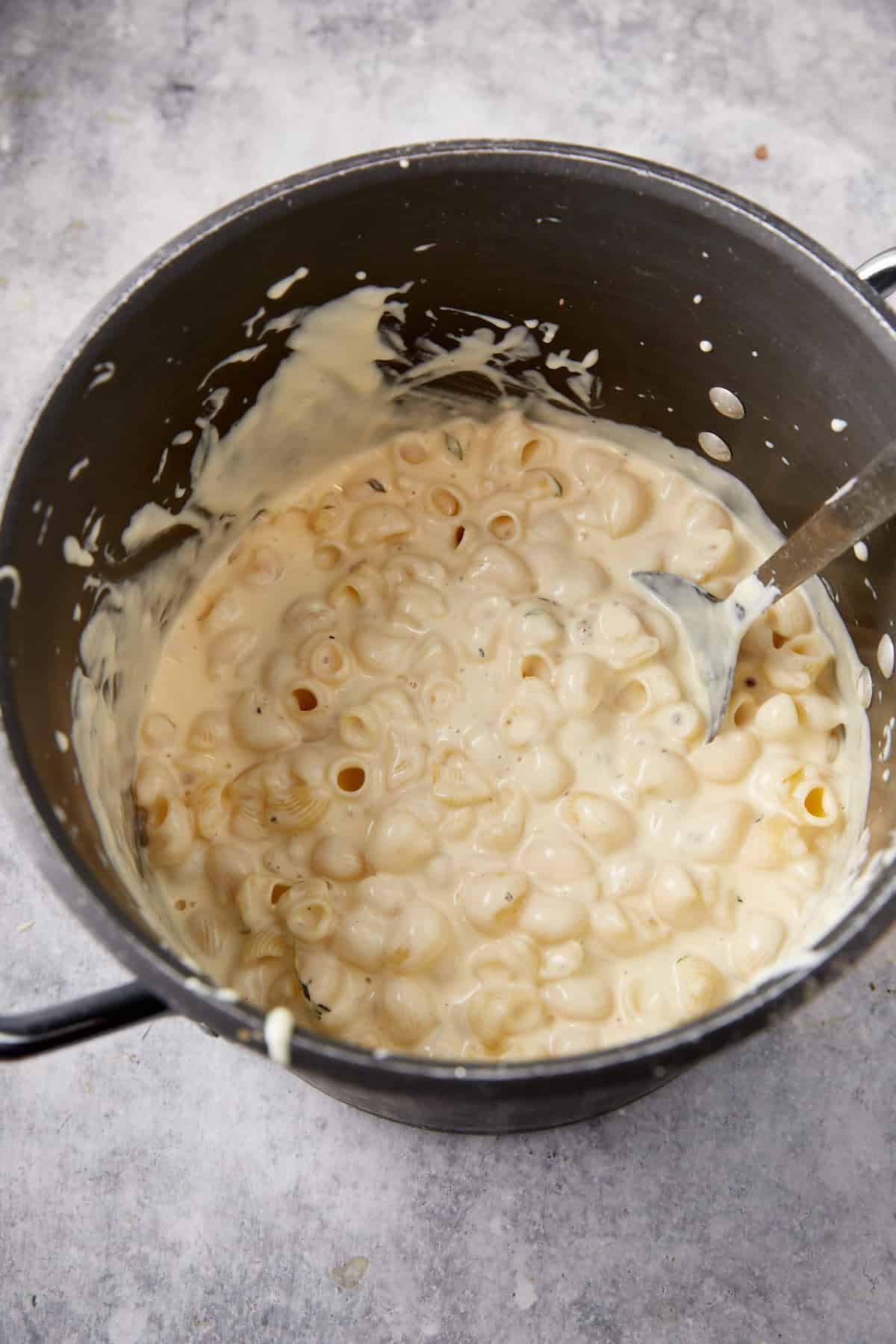 Cheese sauce over pasta in a pot.