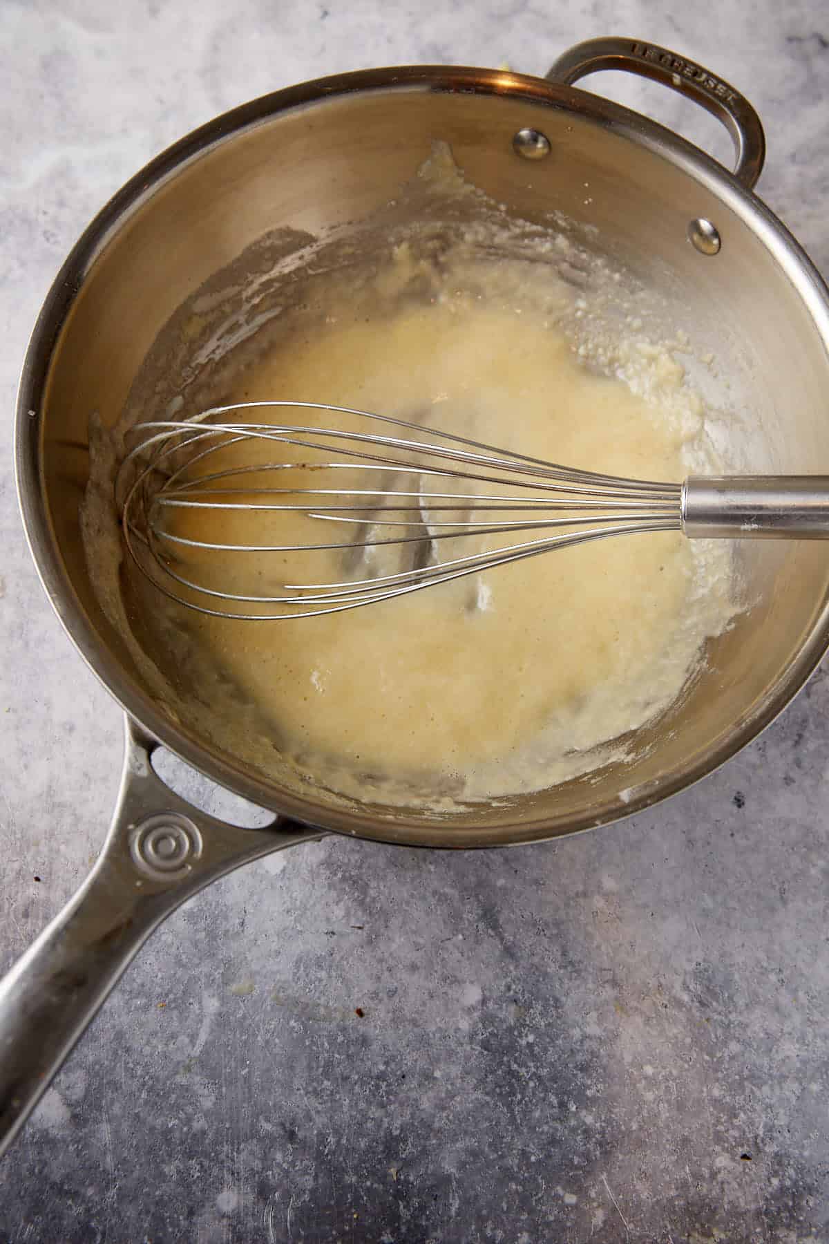 Flour and butter thickened in a saucepan.