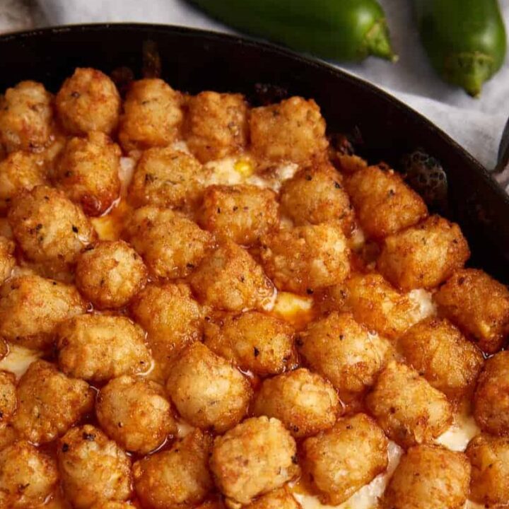 A skillet of tater tot casserole.