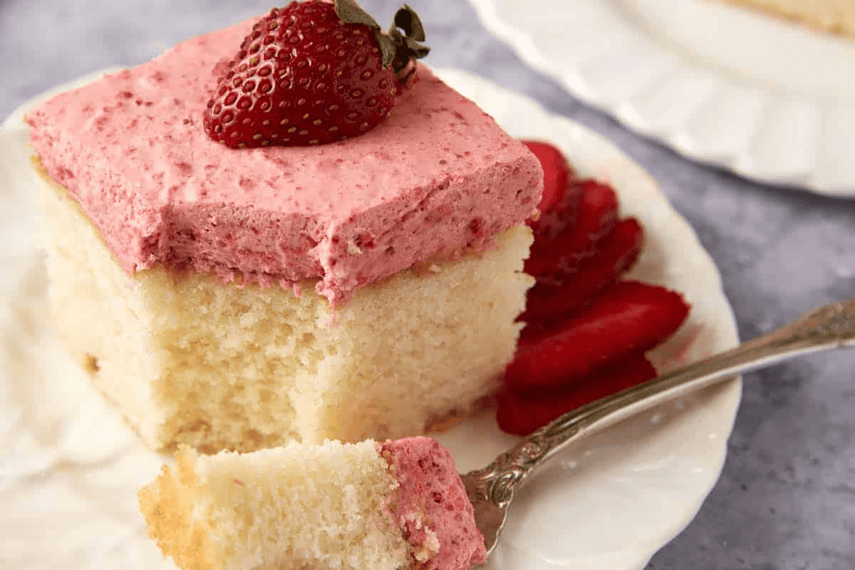 A piece of strawberry mousse cake.