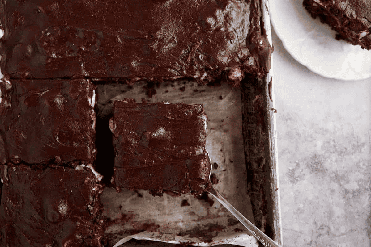 Mississippi mud cake in a pan.