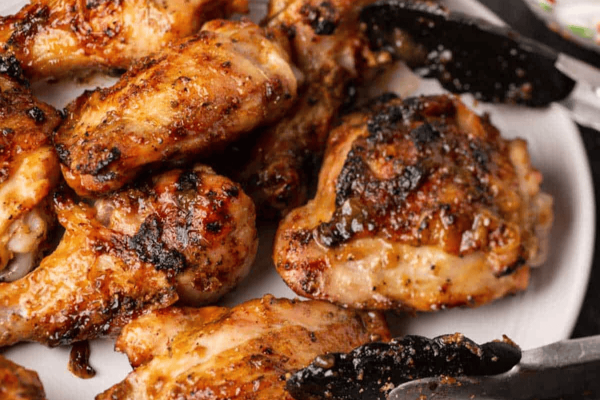 Barbecued chicken on a platter. 