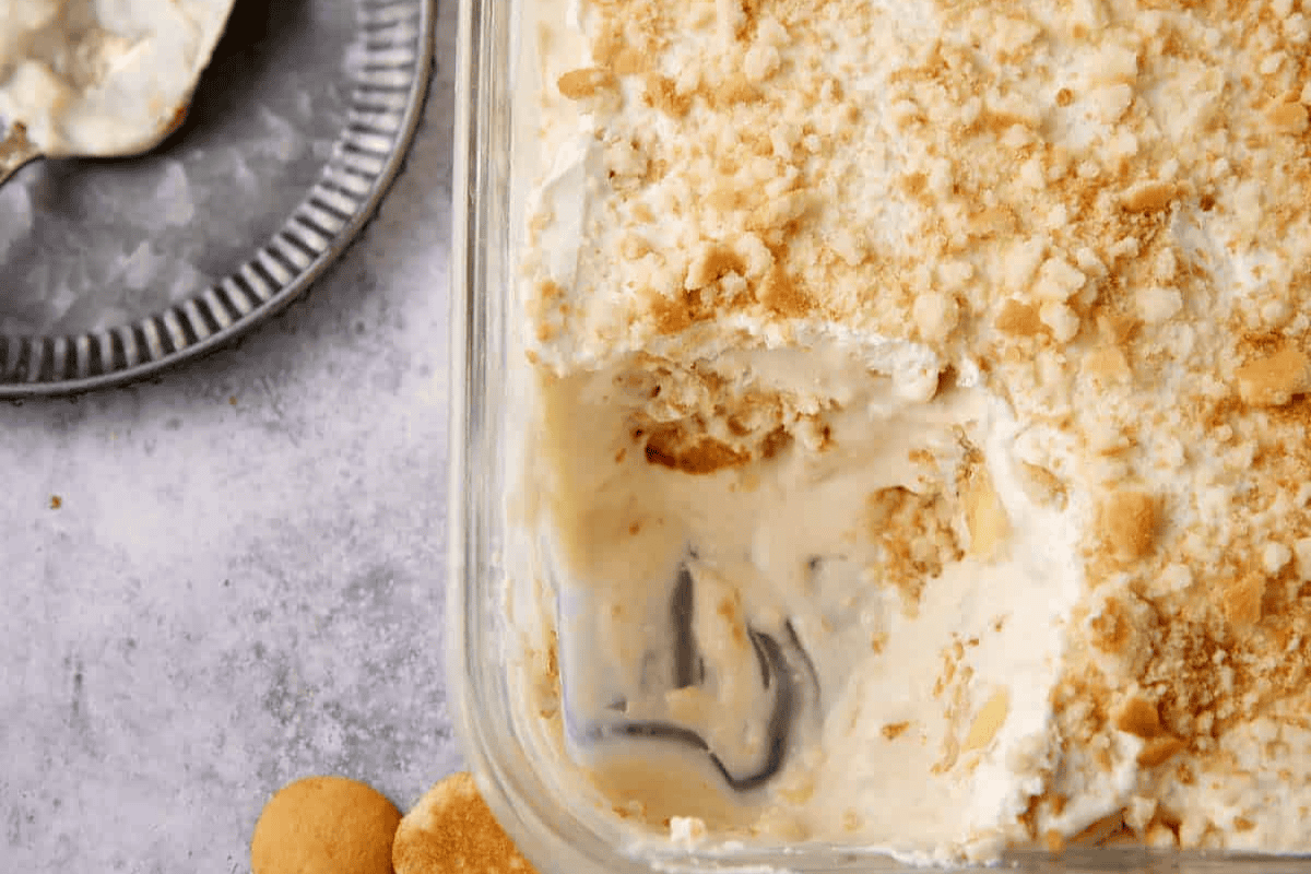 Cream cheese banana pudding in a casserole dish.