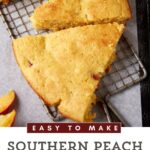 Peach Cornbread cut into triangles on a wire rack.