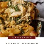A close-up of a dish featuring chicken mac and cheese with spinach. The food is served in a ceramic dish, and a spoon is partially visible, ready to serve. The text on the image reads, "Casserole. Mac & Cheese with Chicken. Add some Spinach.
