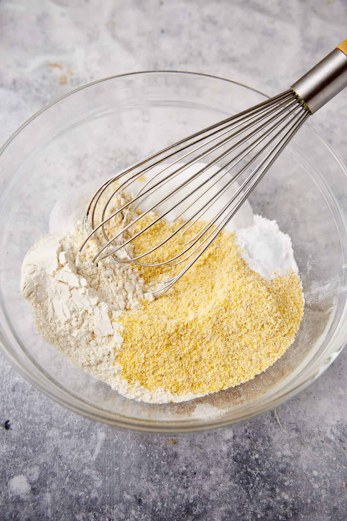 The dry ingredients being whisked.