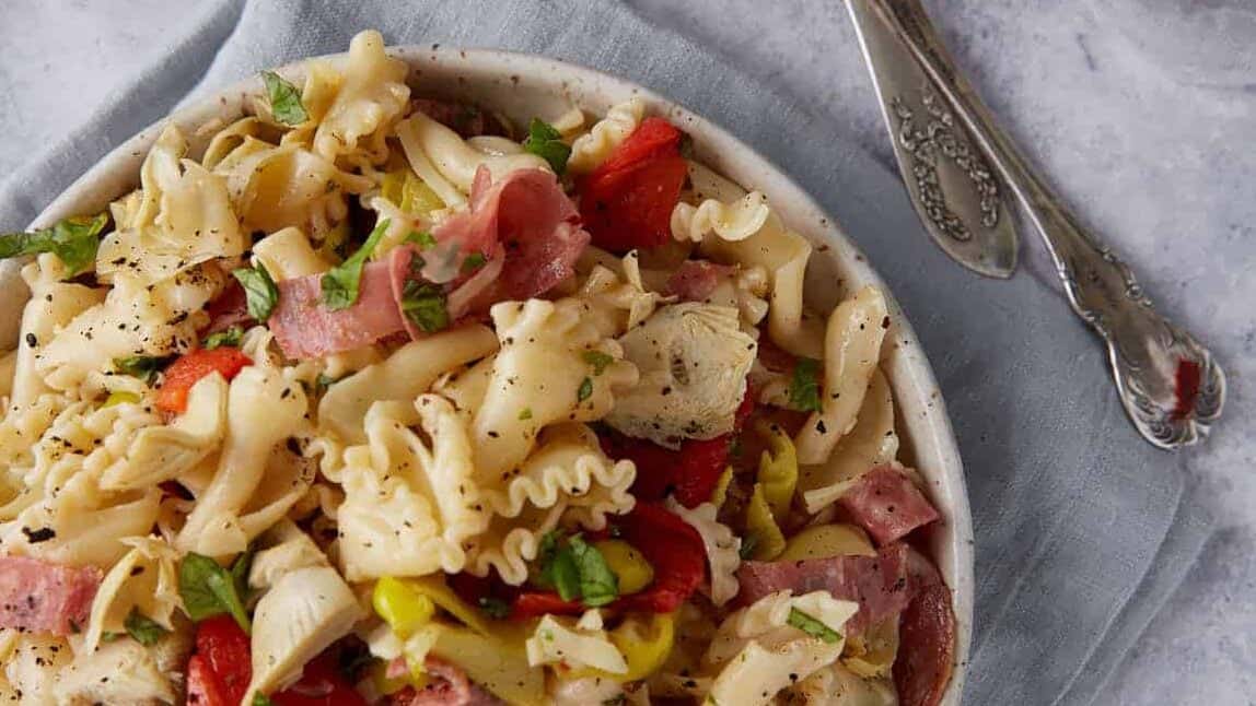A serving bowl of antipasto salad.