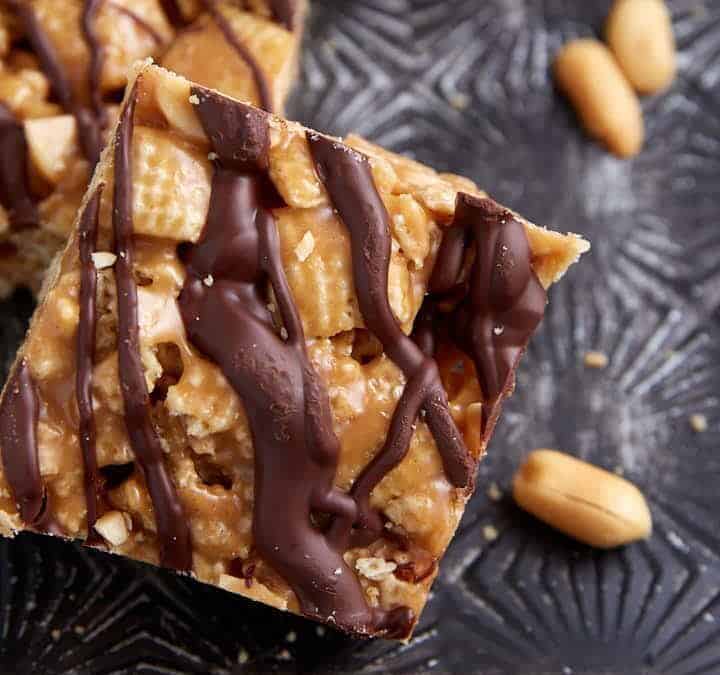 A platter of homemade chex cereal bars.