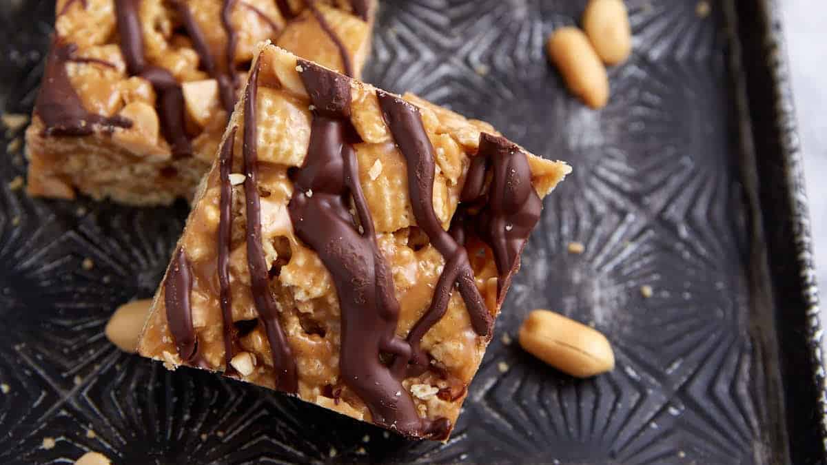 A platter of homemade chex cereal bars.