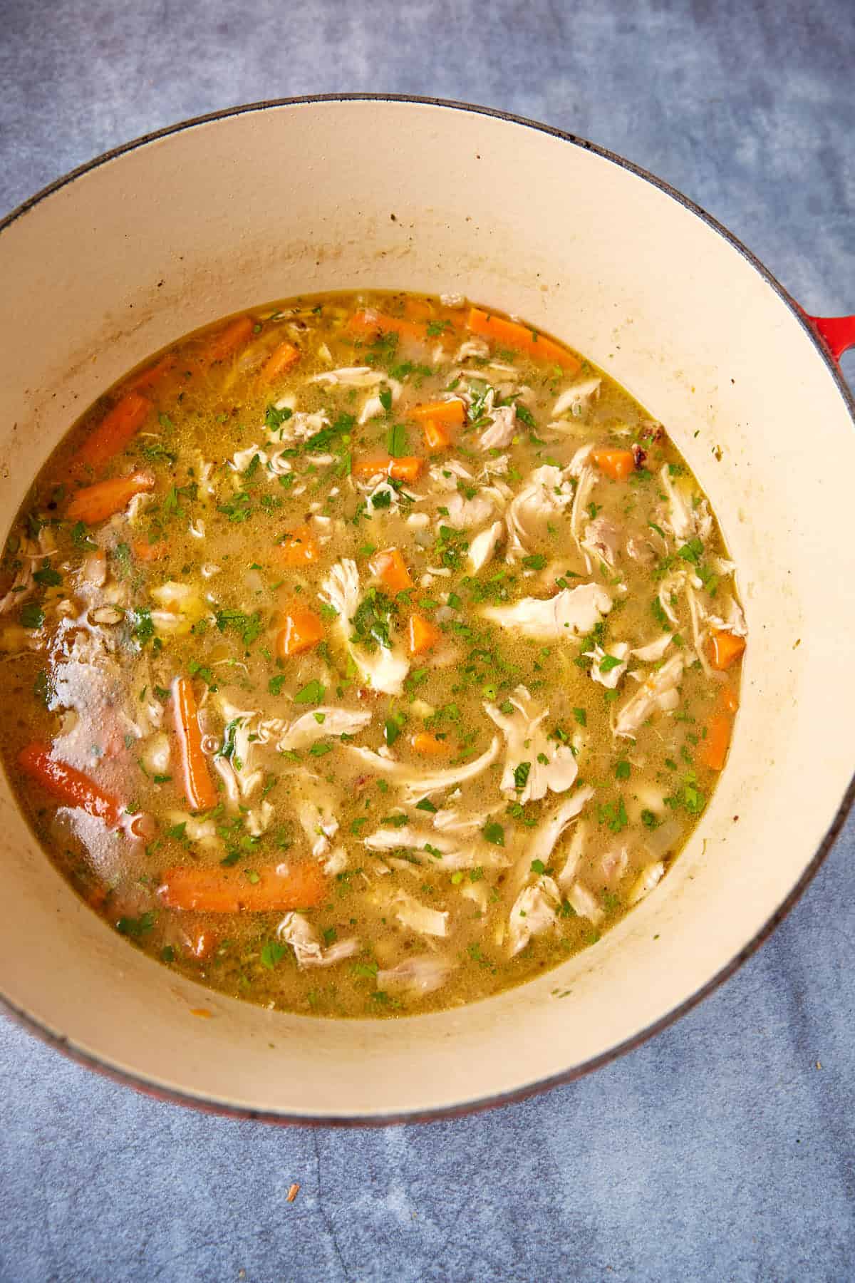 A large pot filled with a hearty chicken soup featuring shredded chicken, carrot chunks, and an array of herbs in a flavorful broth. The pot rests on a grey-blue surface, and the soup looks warm and comforting.