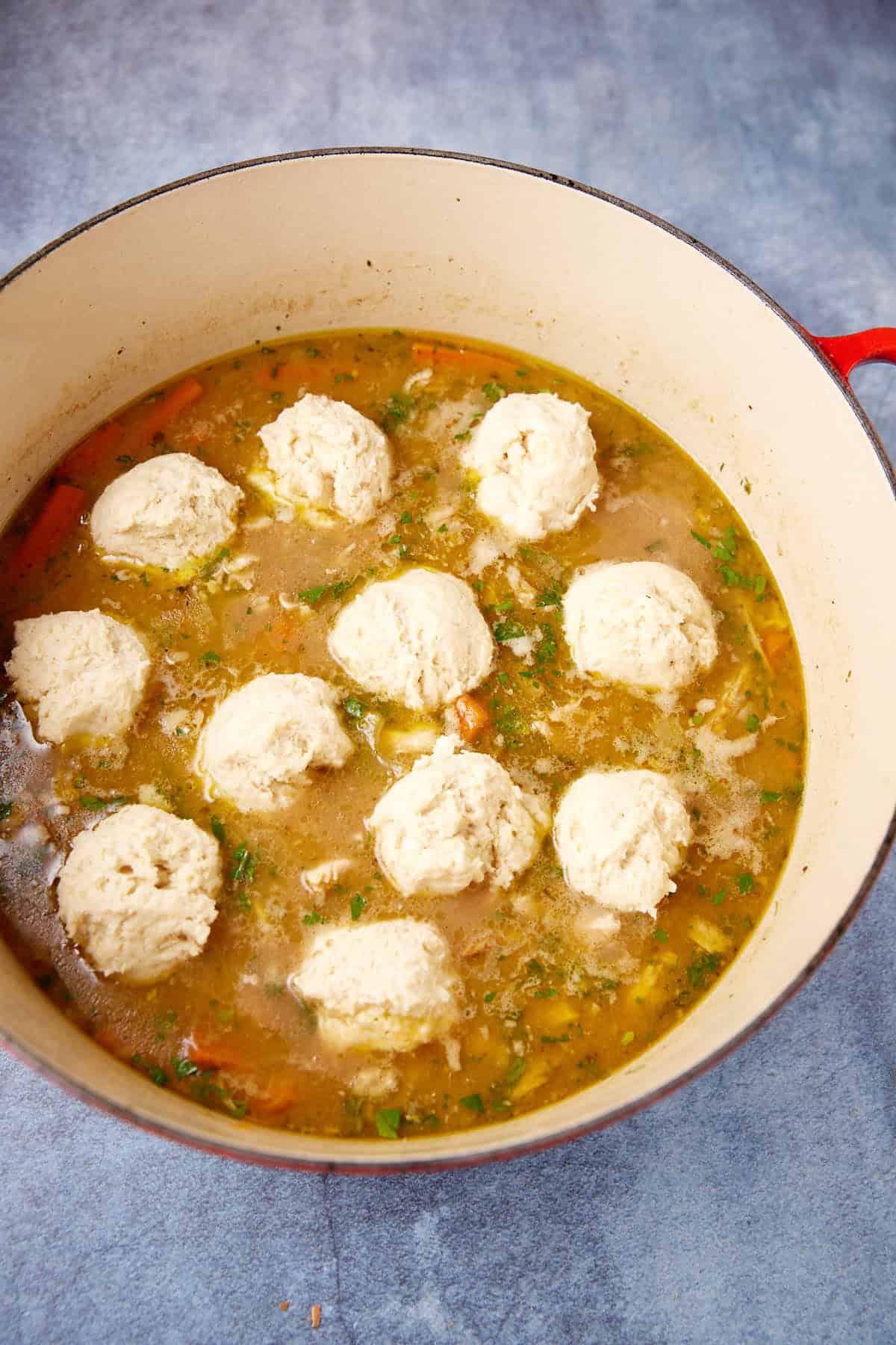 A large pot filled with a hearty soup containing several dumplings, vegetables, and herbs. The broth appears rich and flavorful, and the dumplings are light in color, floating on top. The pot has a red handle and sits on a gray surface.
