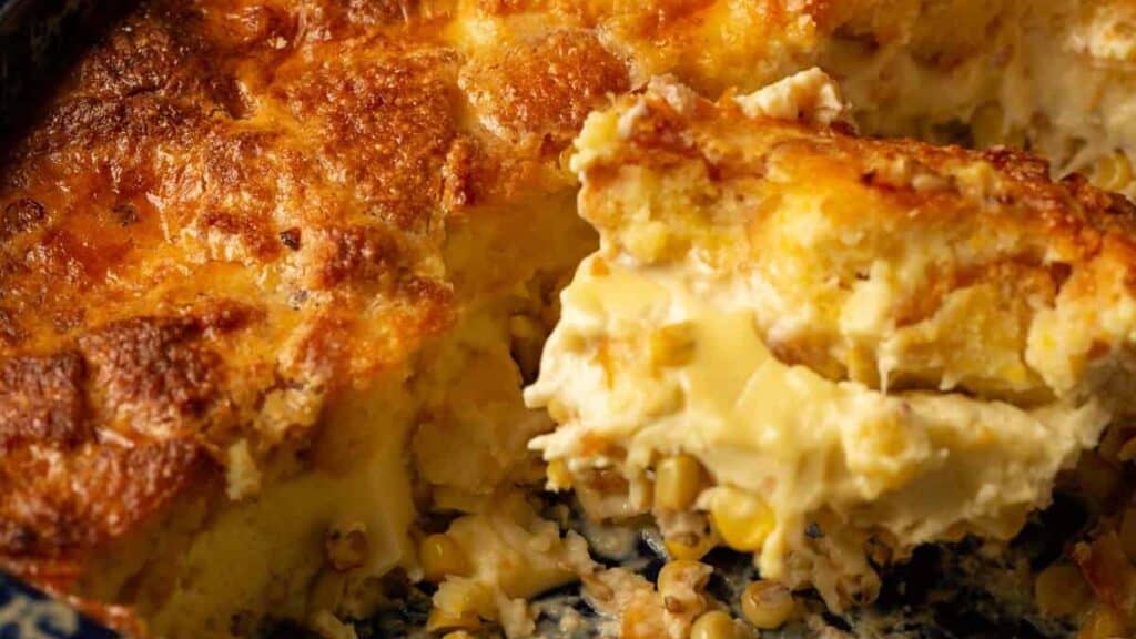 A spoonful of cornbread corn pudding.