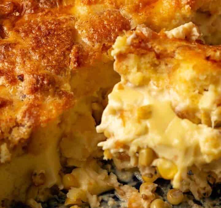 A spoonful of cornbread corn pudding.