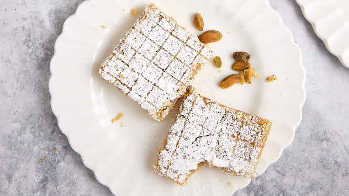 Plates with lemon pistachio bars.