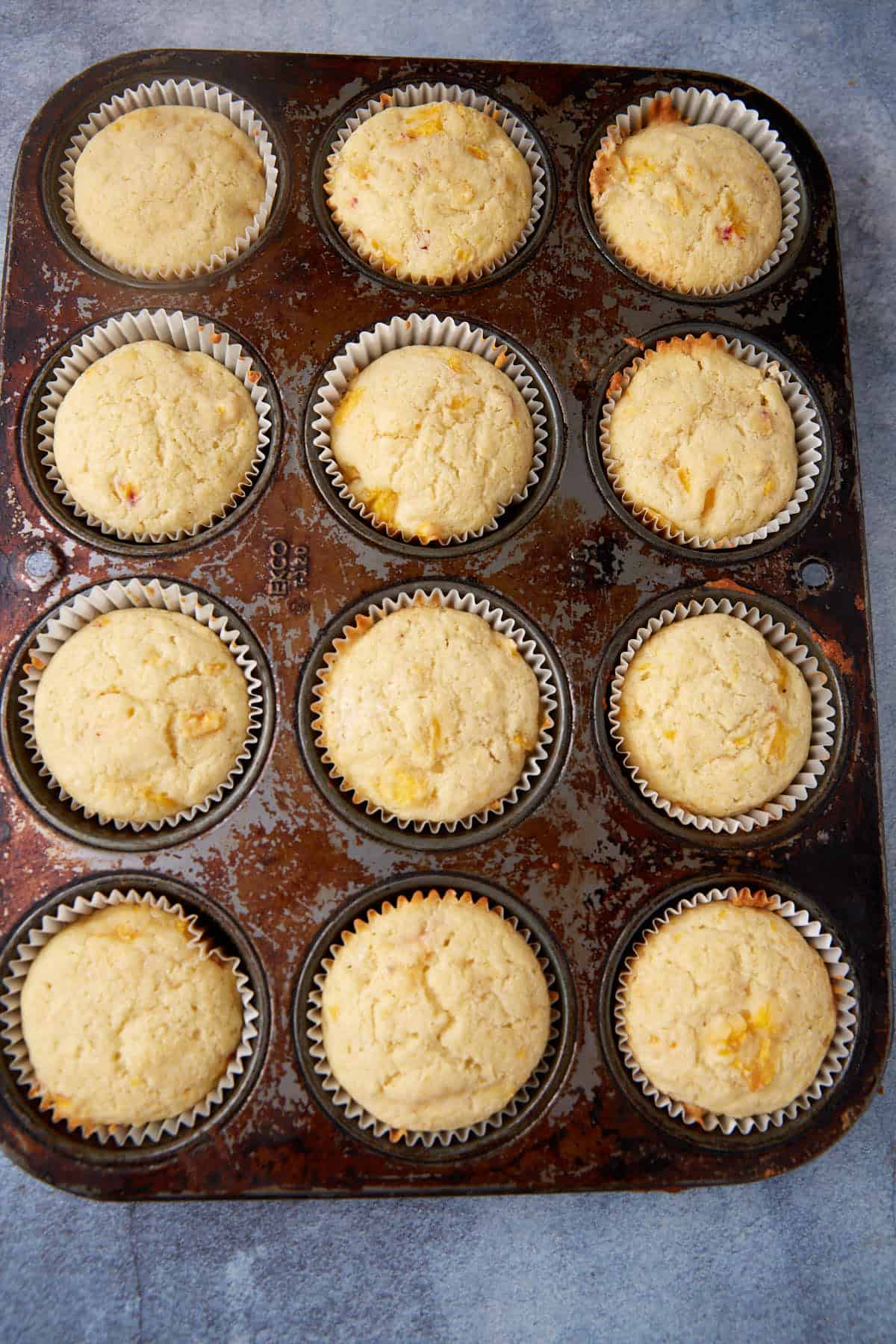 A top view of a baking tray containing twelve golden-brown peach cornbread muffins in paper cups. The muffins are evenly spaced within the aged, rust-speckled metal tray set against a blue-gray surface.