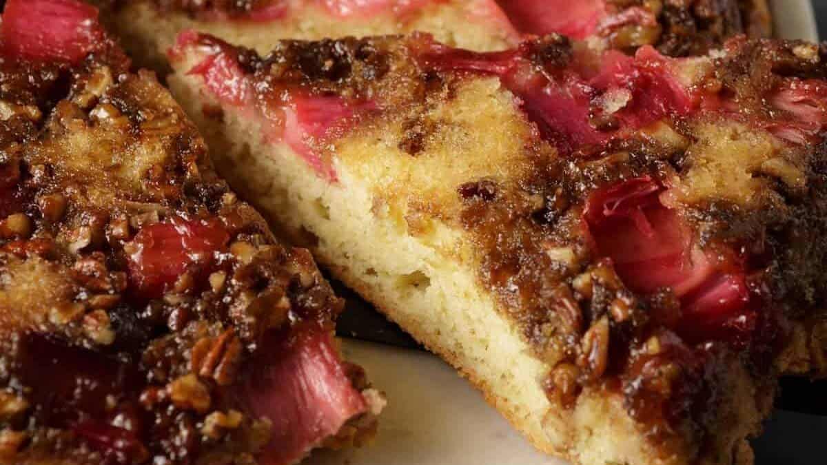 A slice of rhubarb pound cake.