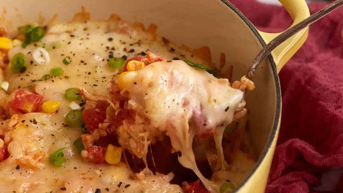 Mexican chicken and rice in a Dutch oven.
