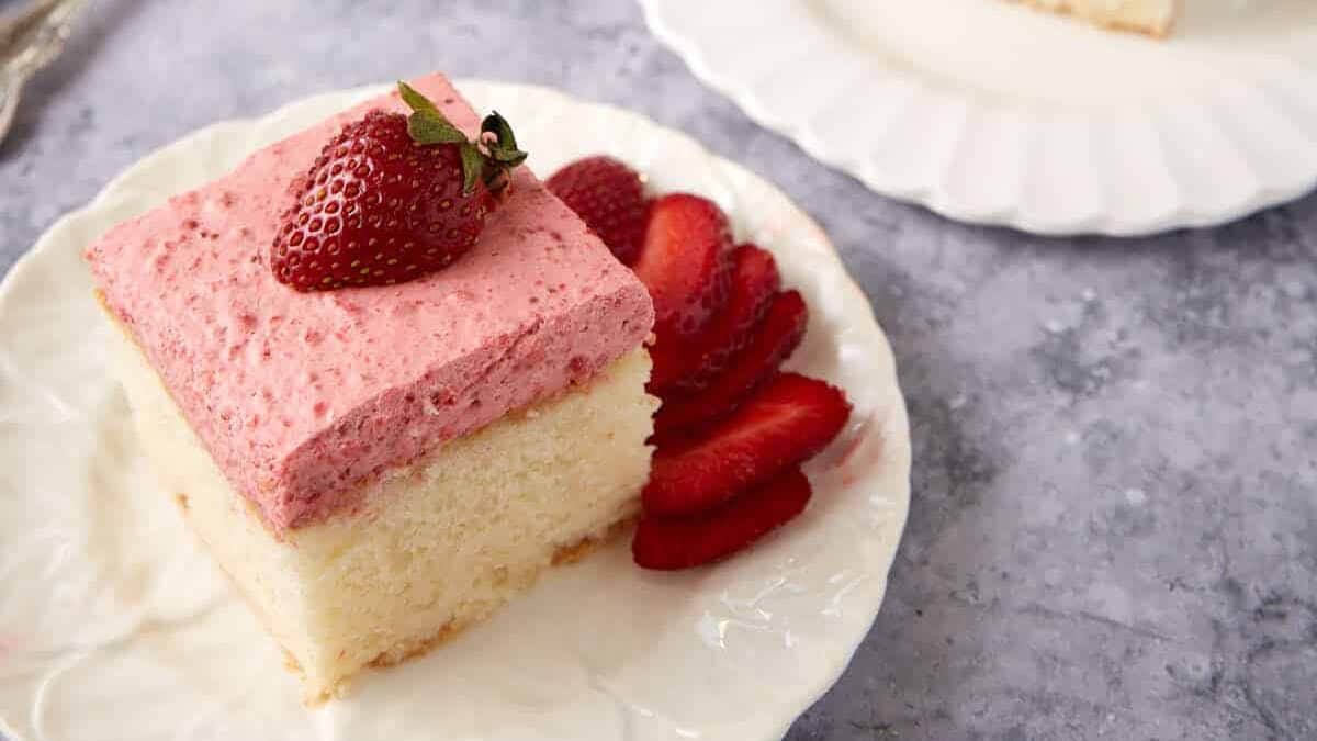 Light strawberry mousse cake with creamy layers.