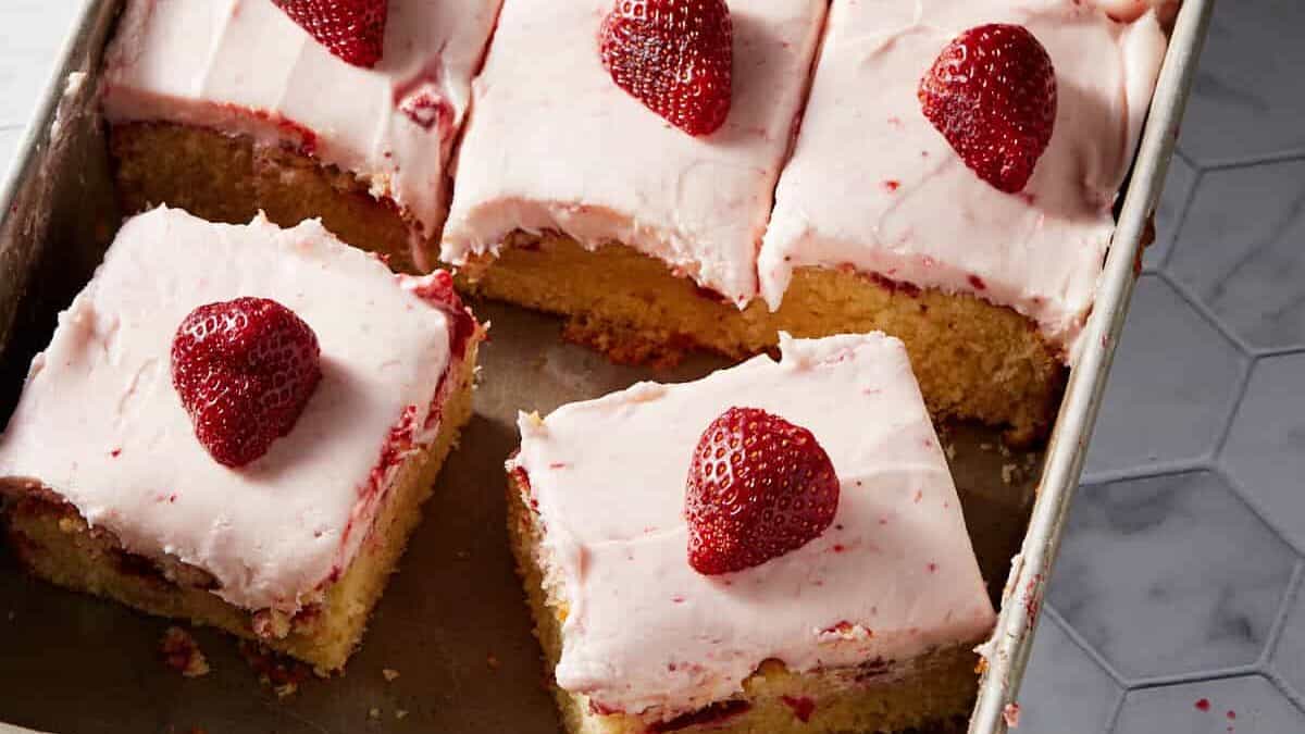 Strawberry Poke Cake in a baking pan.