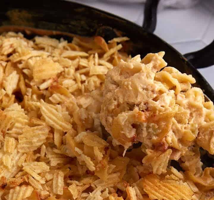A serving spoon of tuna casserole.
