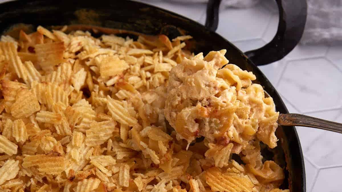 A serving spoon of tuna casserole.