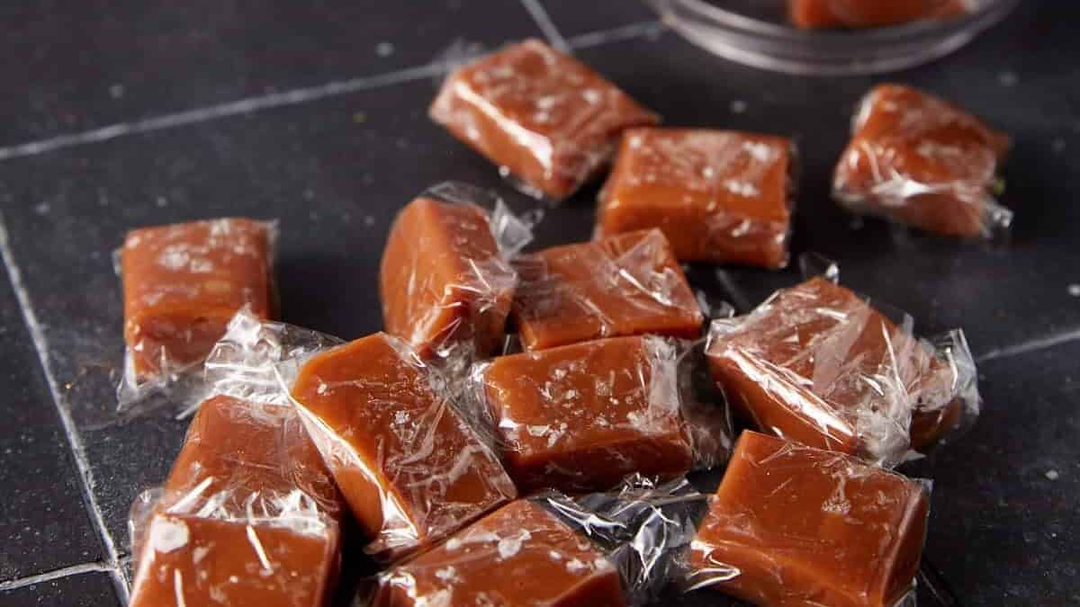 Vanilla Caramels wrapped in plastic wrap.