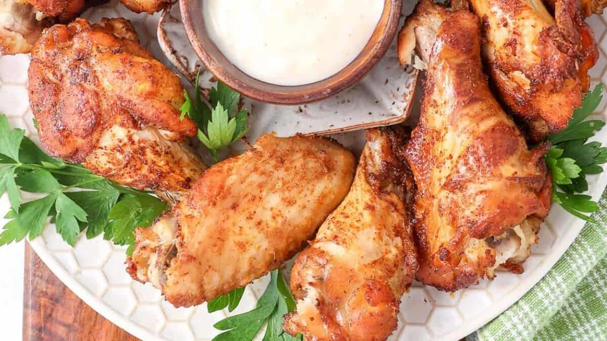 A plate of crispy, seasoned chicken wings is arranged in a circular pattern around a small bowl of creamy dipping sauce. Fresh parsley leaves are garnished around the wings, and part of a green checkered cloth is visible on the side.