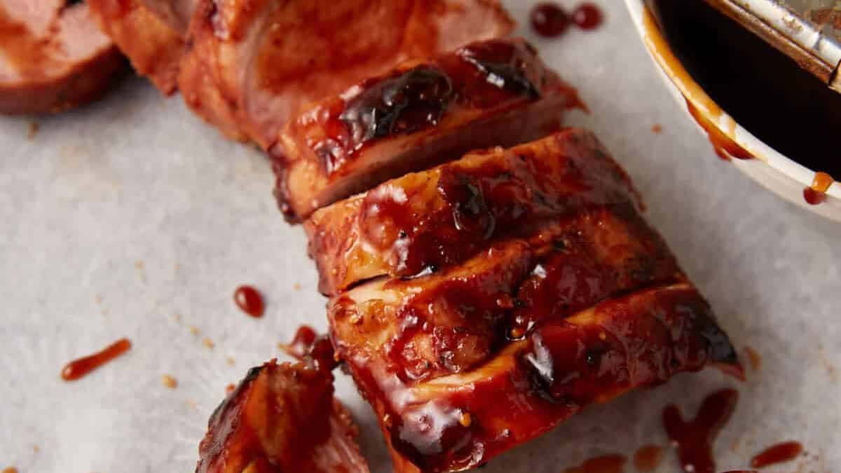 A pork tenderloin sliced and covered in bbq sauce.