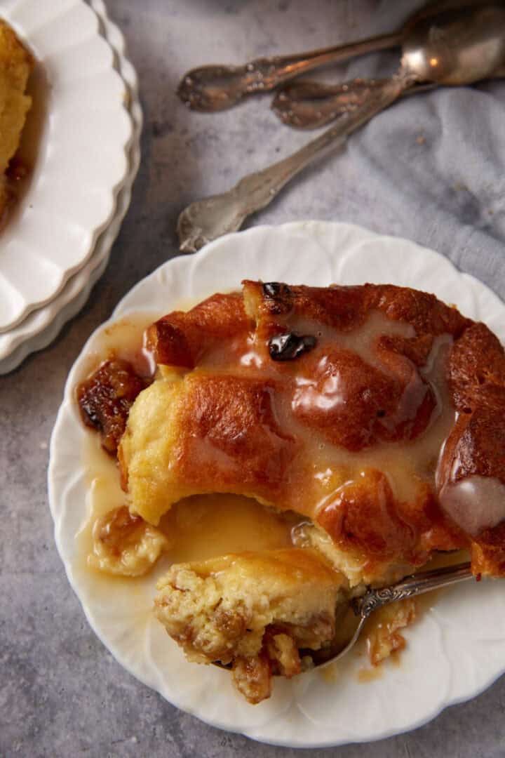 A dessert plate with bread pudding.