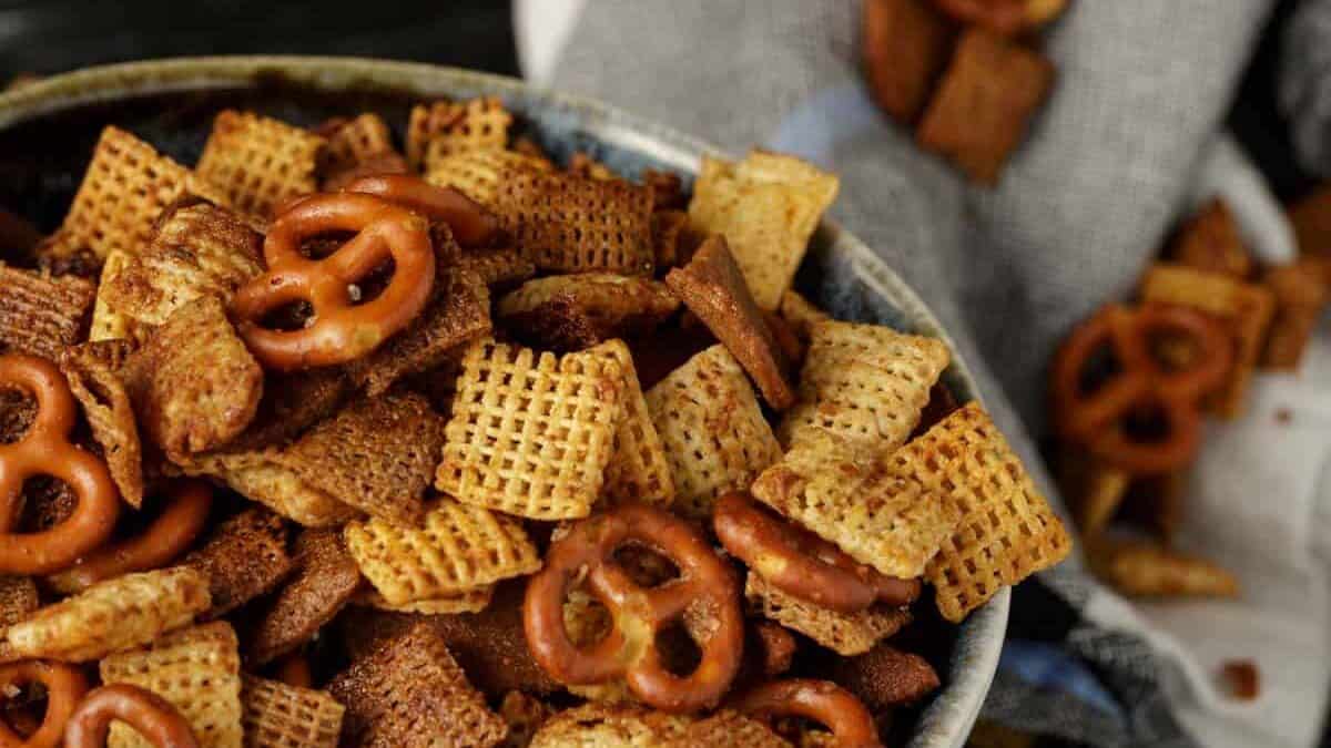 A bowl of homemade Chex mix.