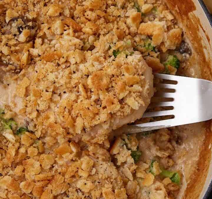 A serving of chicken rice and broccoli casserole.