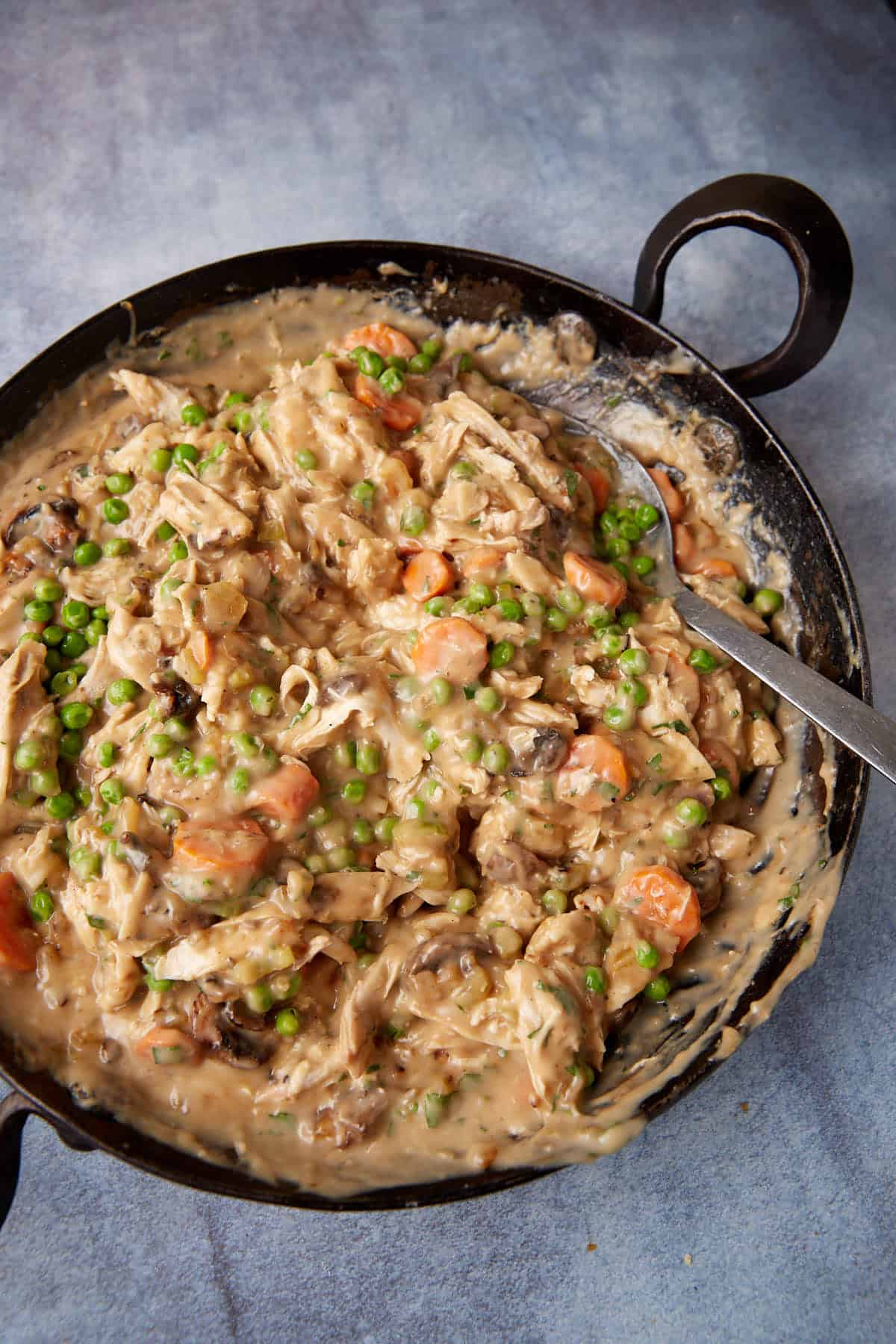 A skillet filled with a creamy chicken and vegetable mixture, featuring shredded chicken, carrots, peas, and mushrooms in a thick sauce. A metal spoon rests in the skillet, ready for serving. The background is a light, textured surface.