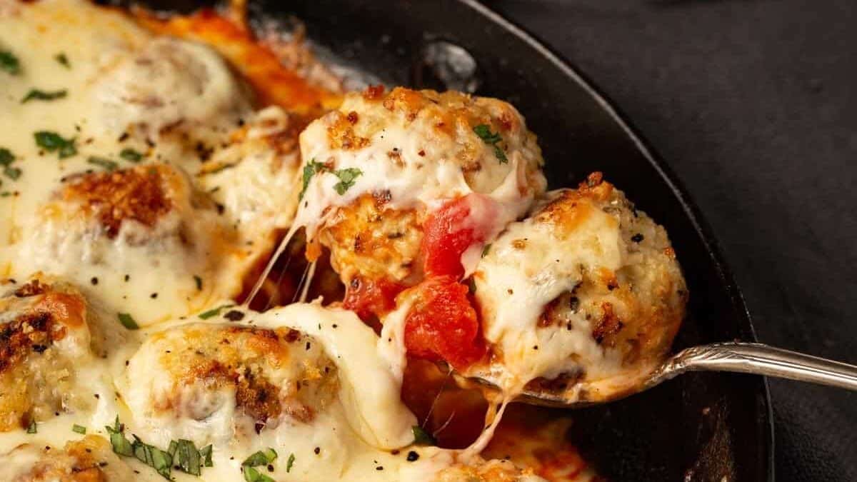A skillet of Chicken parmesan meatballs with a serving spoon.