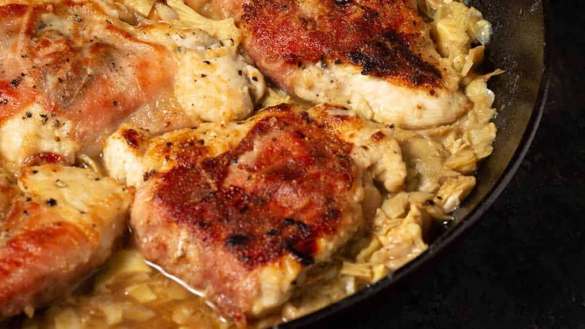 Chicken saltimbocca with an artichoke sauce.