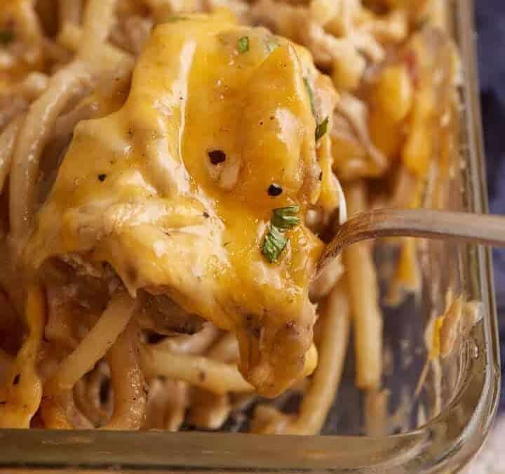A baked cheesy chicken tetrazzini casserole.